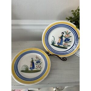 Vintage Pair Henriot Quimper 7" Breton Plates Woman Yellow Blue French Faience